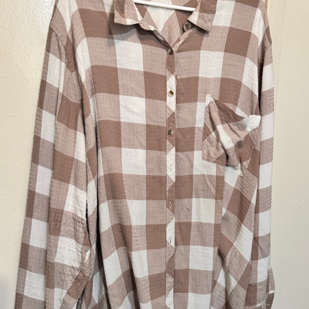 Brown and White Plaid Button-Up Shirt